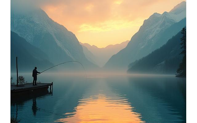 Angler fängt Fisch im Morgenlicht auf dem Vierwaldstättersee
