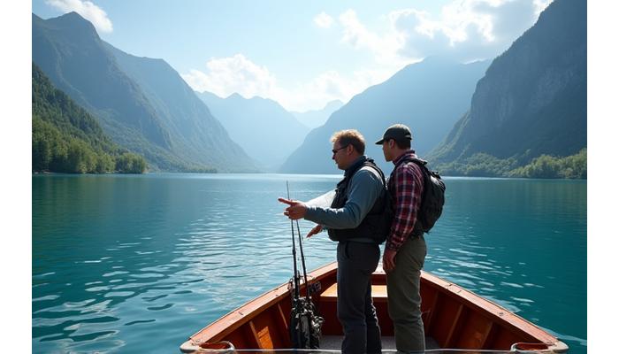 Ein Angelguide zeigt einem Kunden den Fang in einem Boot