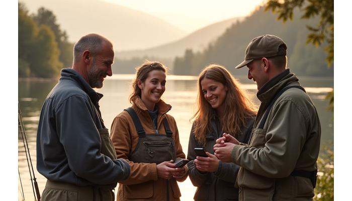 Gruppe von Anglern beim Gespräch am Ufer