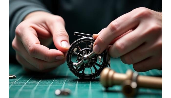 Techniker beim Feintuning einer Angelrolle