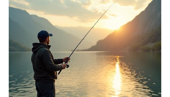 Angler übt Wurftechnik an einem See